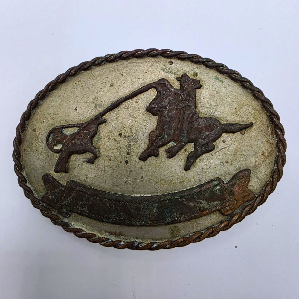 Vintage Nickel Silver Calf Roping Rodeo Belt Buckle Western Cowboy Two Tone
